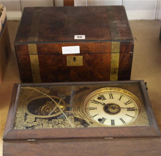 Brass bound walnut writing box & clock